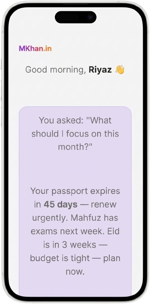 MKhan.in on a phone: home screen with greeting for Riyaz and AI summary including passport reminder.